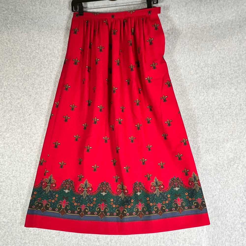 VTG Nordstrom Wool Skirt 8 26 Red Fleur De Lis Pleated Maxi Old Money USA *see